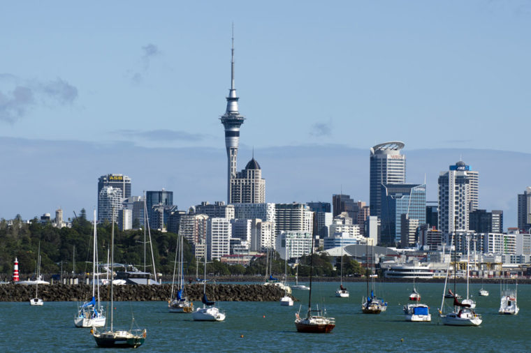 Auckland skyline as seen from Hobson bay in Auckland, New Zealand