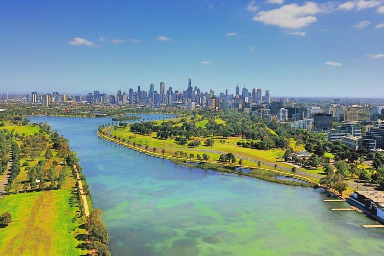 Melbourne skyline looking over Albert Park and lake