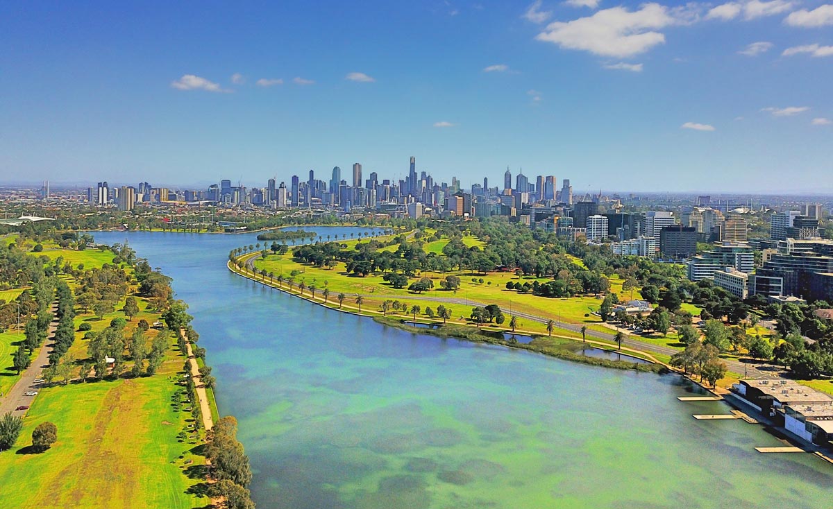 Melbourne skyline looking over Albert Park and lake