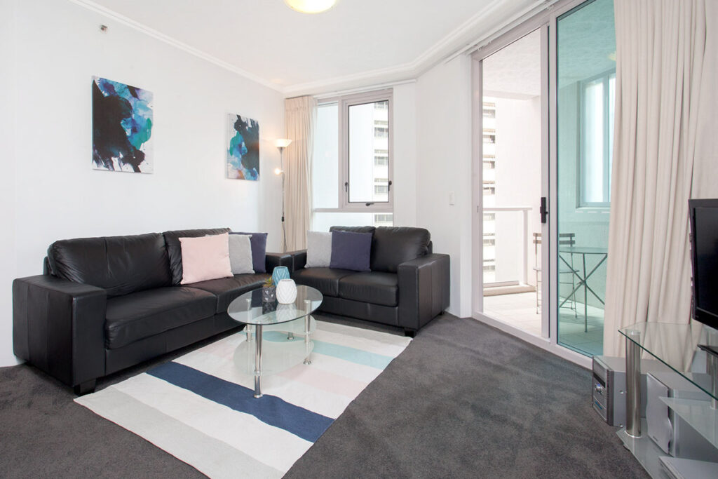 Mary St, Brisbane apartment - living room with balcony